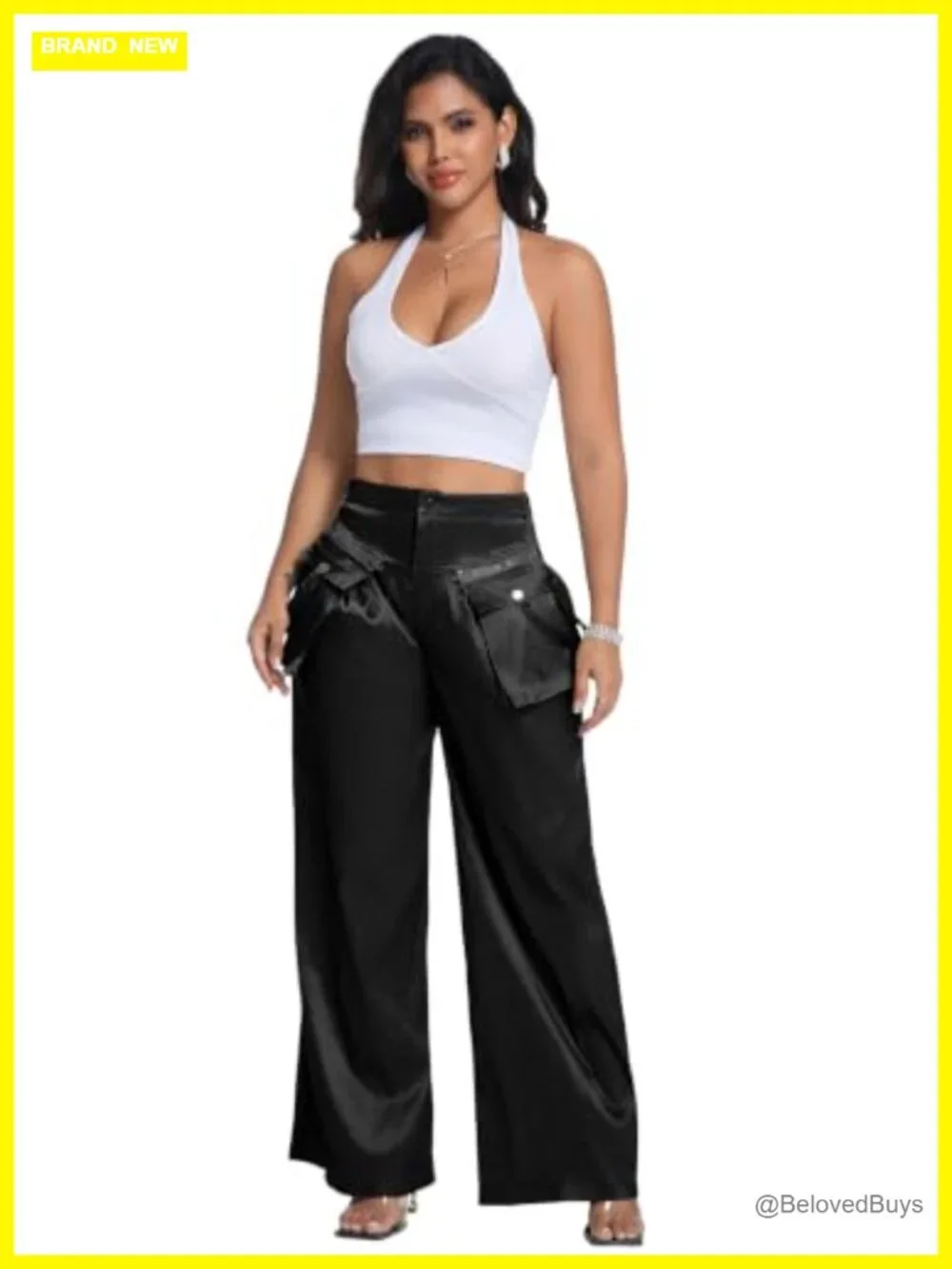 High Waisted Wide Leg Cargo Pants Satin Palazzo Going Out Party
